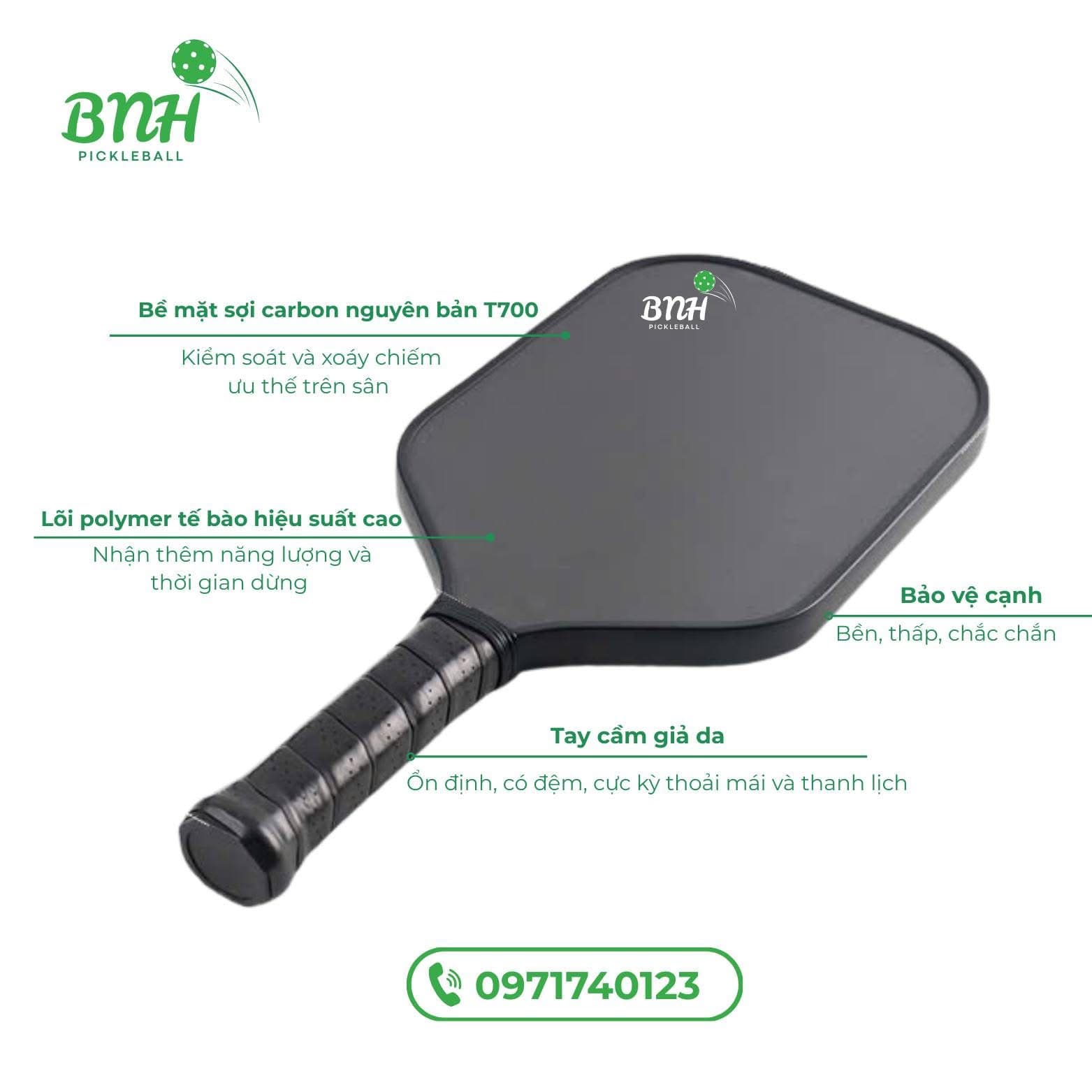 Vợt Pickleball BNH Carbon Fiber – Vợt Nhẹ 220g, Cân Bằng Sức Mạnh & Kiểm Soát Bóng