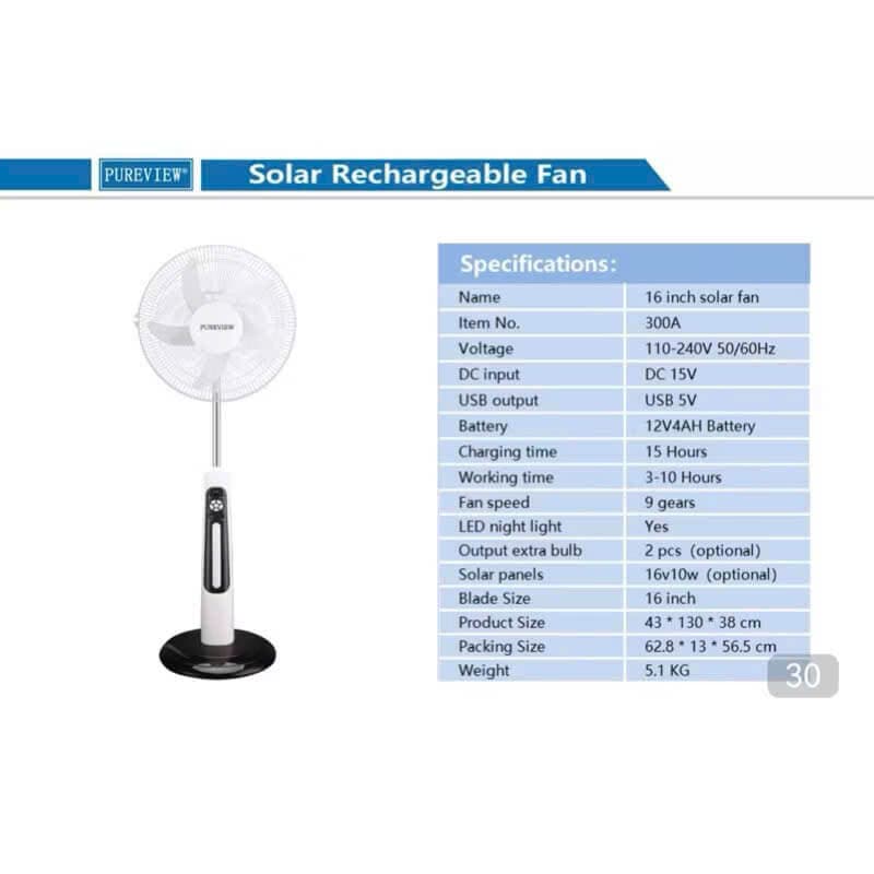 Quạt Tích Điện Năng Lượng Mặt Trời – Quạt Để Bàn 30cm, Sạc Điện & Pin Solar, Tặng Đèn LED