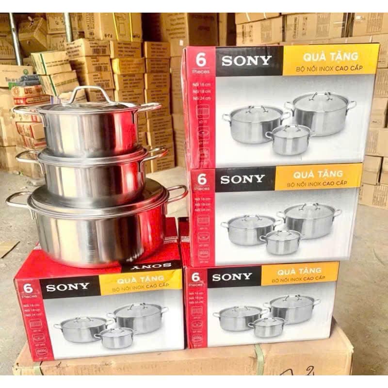 Bộ 3 Nồi Inox Chống Gỉ Cao Cấp 16–20–24cm – Dùng Bếp Từ, Bếp Gas, Nắp Inox